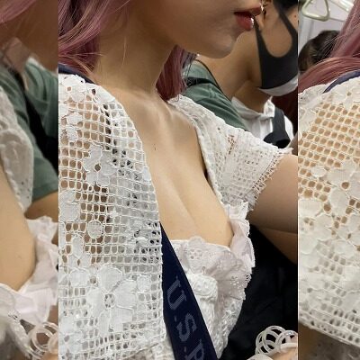 ピンクの髪のギャルちゃんの車内胸チラ！！スレンダーなのに美巨乳！！
